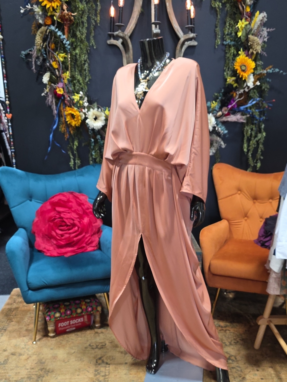 Fashion Nova Blush Pink Peach Maxi Dress with V-Neck and Front Slit